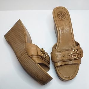 Tory Burch Elina Tan Leather Platform Wedge Sandals 8